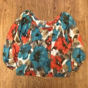 Trac Brown Blue Orange Paint Watercolor Sheer Cut Out Blouse Size Large